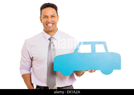 Bon à businessman showing papier bleu voiture sur fond blanc Banque D'Images