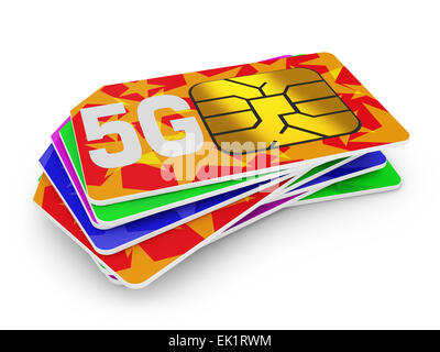 Pile de cartes sim avec l'inscription 5g sur un fond blanc Banque D'Images