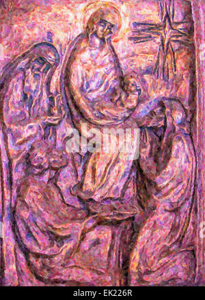 Une peinture digitale de la naissance de Jésus le Christ entouré par les trois rois sages et tenu par la vierge Marie. Banque D'Images