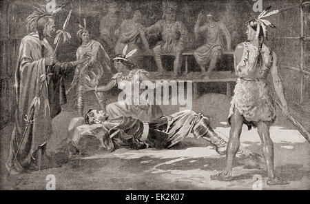 Sauver la vie de Pocahontas et John Smith en 1607. Le capitaine John Smith, 1580 - 1631, l'amiral de la Nouvelle Angleterre. Soldat anglais, explorateur et auteur. Pocahontas Matoaka, 1595-1617. Algonqiuan princesse indienne. Banque D'Images