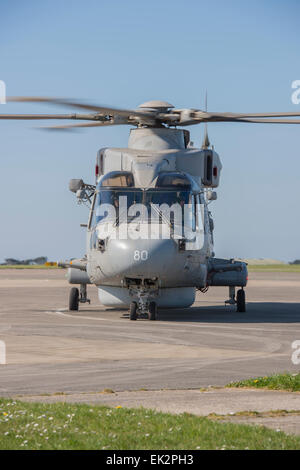 L'Escadron 820 hélicoptères Merlin Mk2 retour de l'effort d'aide de l'Ebola à la Sierra Leone, à RNAS Culdrose Banque D'Images