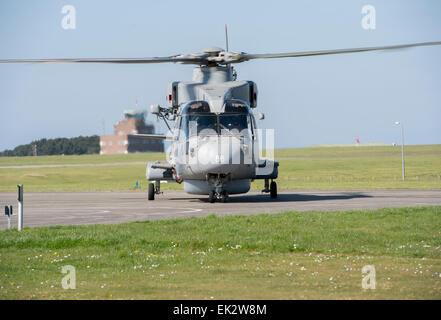 L'Escadron 820 hélicoptères Merlin Mk2 retour de l'effort d'aide de l'Ebola à la Sierra Leone, à RNAS Culdrose Banque D'Images