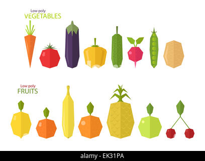 Vector set de poly faible de fruits et légumes, isolé sur fond blanc Banque D'Images