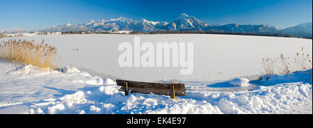 Vue panoramique en Bavière, Allemagne, sur le lac Hopfensee nommé à proximité des alpes montagnes à jour d'hiver ensoleillé Banque D'Images