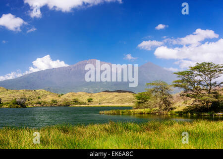 Le Mont Meru de volcan dans le lac Momela Parc National d'Arusha, la région d'Arusha, Tanzanie, Afrique. Banque D'Images