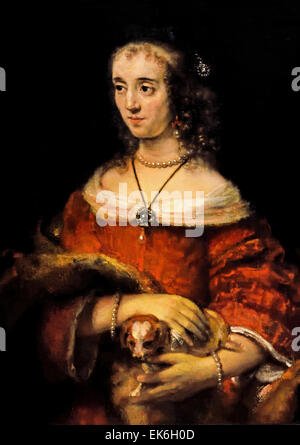 Portrait d'une dame avec un chien 1662 Rembrandt Harmenszoon van Rijn Pays-bas Néerlandais Banque D'Images