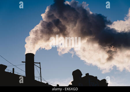 Puissance électrique cheminée industrielle fumeurs contre la vapeur, ciel clair Banque D'Images