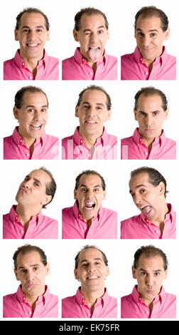 Face man composite expressions isolé sur fond blanc Banque D'Images