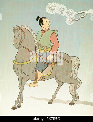 Samurai Warrior riding horse Banque D'Images