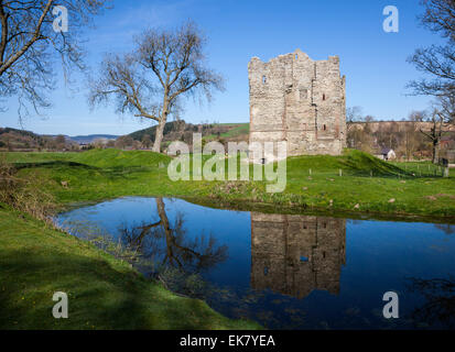 Réflexions de Hopton Castle dans un étang dans le village de Hopton Castle, Shropshire, Angleterre Banque D'Images