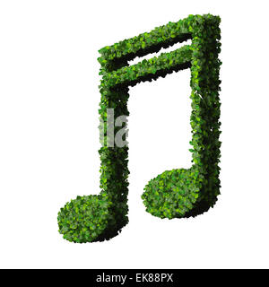 Remarque : le symbole double croche sical fabriqués à partir de feuilles vert isolé sur fond blanc. 3D render Banque D'Images