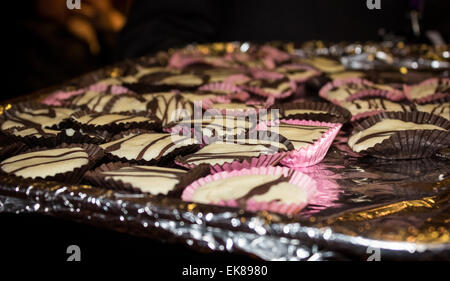 Canapés couverts de chocolat belge le chocolat blanc avec un simple d'un filet de chocolat dans un assortiment de plateaux gâteau marron et rose. Banque D'Images