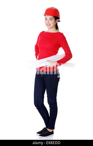 Portrait of female worker en casque. Banque D'Images