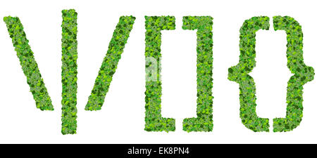 Les signes de l'alphabet fait à partir de feuilles vert isolé sur fond blanc. 3D render. Banque D'Images