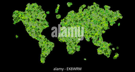 La terre, carte du monde fait à partir de feuilles vert isolé sur fond. 3D render. Banque D'Images