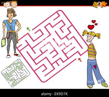 Cartoon Illustration de l'éducation ou de Labyrinthe Labyrinthe Jeu pour Enfants d'âge préscolaire avec des adolescents dans l'amour Illustration de Vecteur