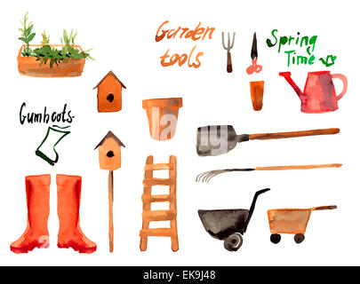 Un ensemble d'icônes d'outils de jardinage aquarelle isolé sur fond blanc Banque D'Images