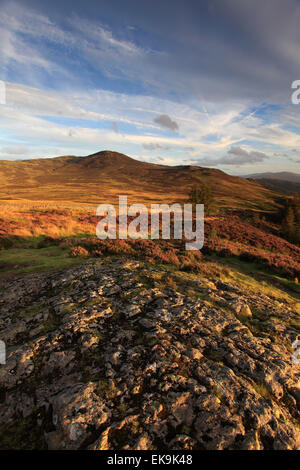 Coucher de soleil sur Bleaberry tomba, Parc National de Lake district, comté de Cumbria, Angleterre, Royaume-Uni Banque D'Images