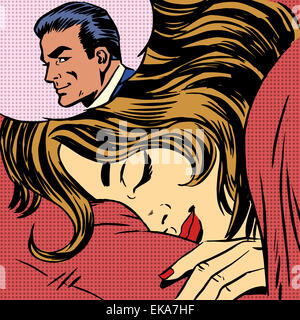 Rêve femme homme amour amoureux romantique bd pop art retro style demi-teinte. Imitation de vieux illustrations Banque D'Images