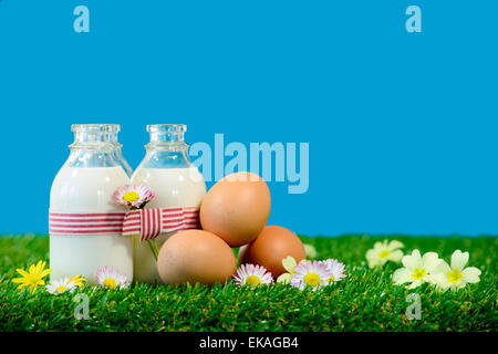 Trois petites bouteilles de lait et d'oeufs sur l'herbe Banque D'Images