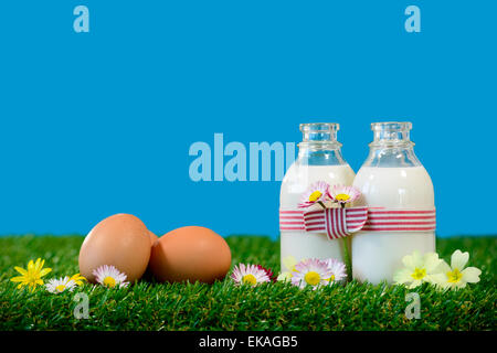 Trois petites bouteilles de lait et d'oeufs sur l'herbe Banque D'Images