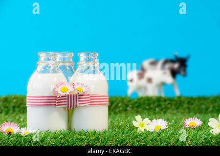 Trois petites bouteilles de lait dans un pré avec ciel bleu Banque D'Images