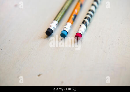 Trois crayons de couleur, Close up Banque D'Images