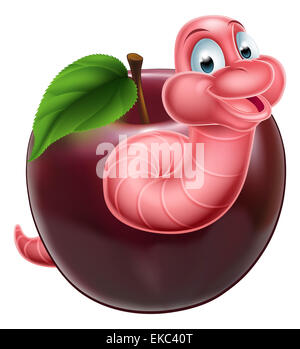 Une illustration d'un happy cute cartoon caractère ver caterpillar rose sortant de l'apple Banque D'Images