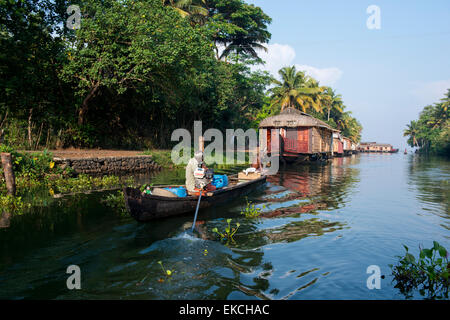 Un pêcheur dans un canot sur les eaux troubles de Kumarakom, Kerala Inde Banque D'Images