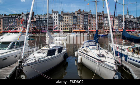 Bateaux amarrés dans le port à côté de diners et quai des bâtiments historiques, des cafés et restaurants, la ville de Honfleur, Normandie France Banque D'Images