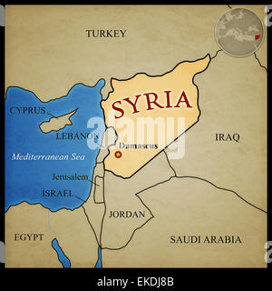 Carte de la Syrie et dans les pays limitrophes avec la capitale Damas, marqué. Avec l'emplacement dans le Moyen-Orient. Banque D'Images