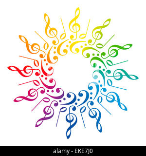 Bass Treble clefs, clefs et les scores, qui forment un motif coloré arc-en-radial. Banque D'Images