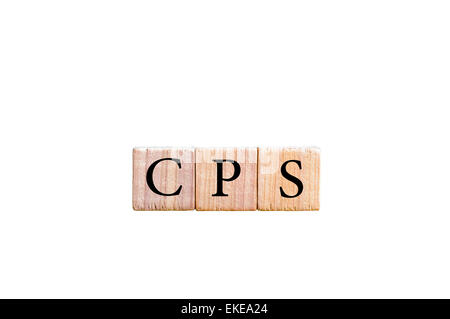 Acronyme CPS - Coût par vente. Petits cubes en bois avec des lettres isolées sur fond blanc avec copie espace disponible. Concept d'image. Banque D'Images