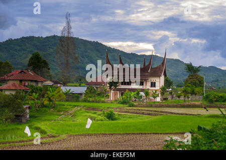 Maison traditionnelle Minangkabau dans la soirée. Banque D'Images