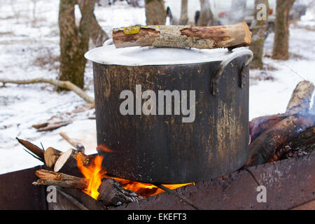 Shurpa - soupe avec de la viande et de pommes de terre sur le feu Banque D'Images