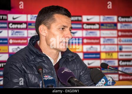 9 avril 2015 : l'entraîneur de Costantin Galca FCSB lors de la conférence de presse après la Liga I jeu entre FC Steaua Bucarest ROU et d'ROU au plan national, la Roumanie ROU. Catalin Soare/www.sportaction.ro Banque D'Images