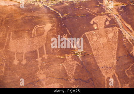 Des exemples remarquables de Fremont Indian pétroglyphes gravés sur il y a 800 ans, Dinosaur National Monument près de Vernal, UT, USA Banque D'Images