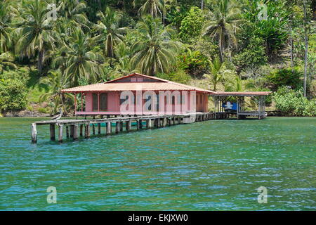 Caribbean house avec dock sur l'eau et de végétation tropicale sur la terre, Bocas del Toro, PANAMA, Amérique Centrale Banque D'Images