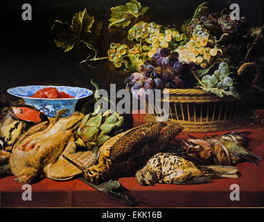 Panier vivent encore avec des raisins et des fraises 1612 oiseaux Frans Snyders ou Snijders ( 1579 - 1657) était un peintre flamand d'animaux et de natures mortes Belgique Belge Banque D'Images