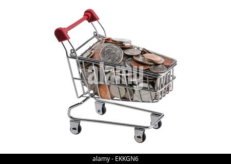US Dollar pièces dans un panier, avec une poignée rouge sur un fond blanc isolé. Banque D'Images