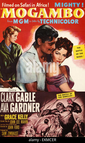 Vieux film affiche de 'Mogambo" une aventure américaine 1953 drame romantique film réalisé par John Ford et avec Clark Gable, Ava Gardner et Grace Kelly Banque D'Images