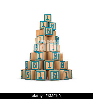 3D render of toy blocks avec un binaire et zéro entassés dans une pyramide Banque D'Images