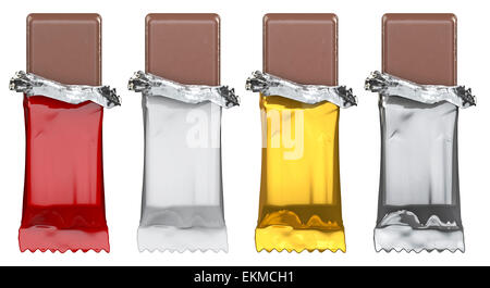 3D render of candy bars avec blank rouge, blanc, or et argent wrappers Banque D'Images