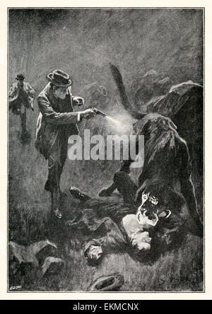 'Holmes vidé cinq barils de son revolver sur le côté de la créature.' - 'The Hound of the Baskervilles' par Arthur Conan Doyle (1859-1930). Illustration par Sidney Paget (1860-1908). Voir la description pour plus d'informations. Banque D'Images