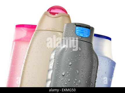 La composition avec des bouteilles en plastique des soins du corps et produits de beauté. Banque D'Images