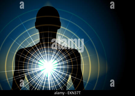 Silhouette humaine raster avec de l'énergie rayonnant à partir de Chakra du coeur Banque D'Images