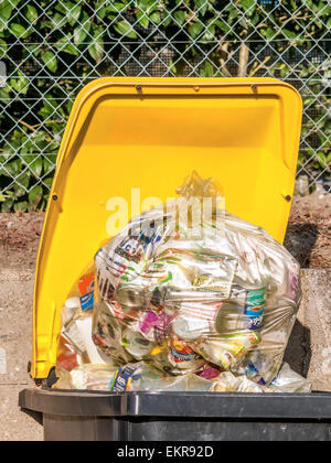 Représentant une poubelle conseil débordant de déchets recyclables - France. Banque D'Images