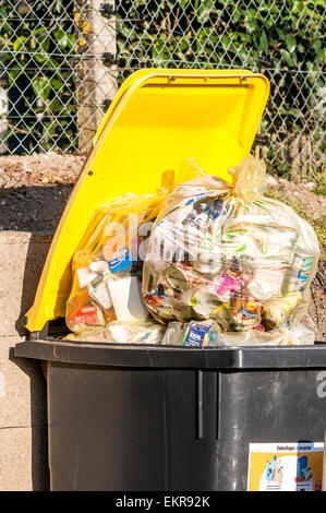 Représentant une poubelle conseil débordant de déchets recyclables - France. Banque D'Images