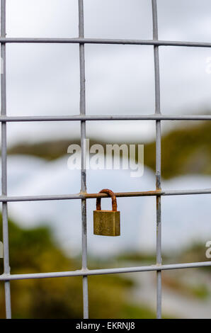 Un petit cadenas est calé sur une clôture carré avec une faible profondeur de champ. Vertical image. Banque D'Images