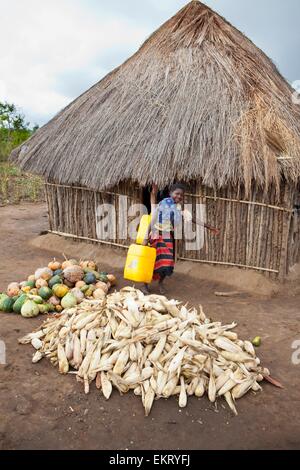 Une jeune femme porte une lourde cruche d'eau passé des tas de poissons et de légumes sur le terrain ; Manica, Mozambique, Africa Banque D'Images